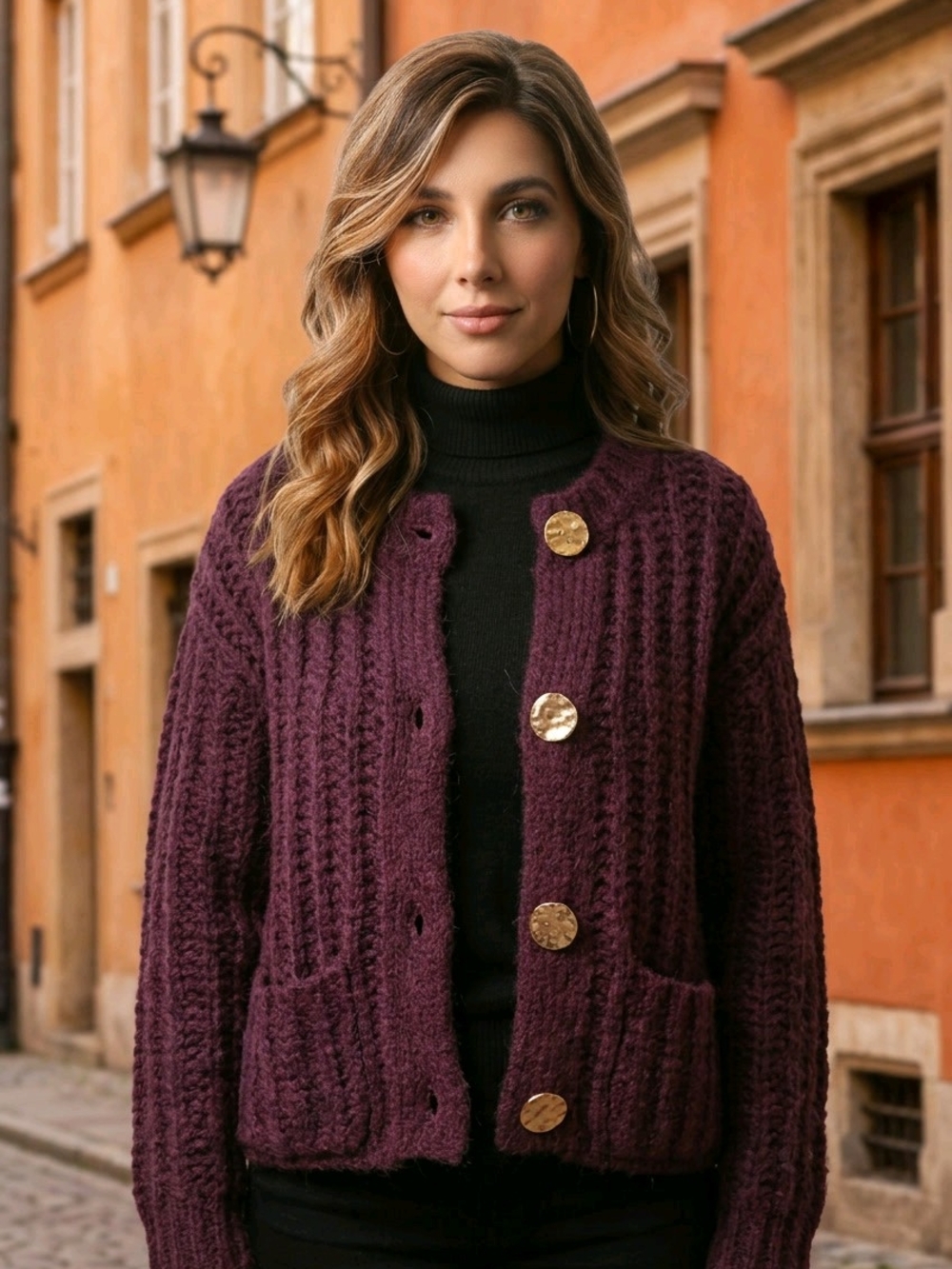 Chunky Knit Cardigan with Gold Buttons - Wine - Picture 2 of 9